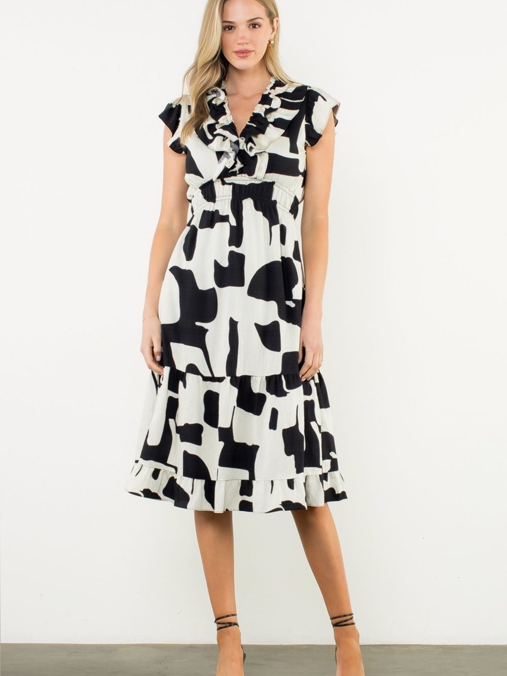 NWT THML Ruffle V-Neck Flutter Sleeve Dress Black